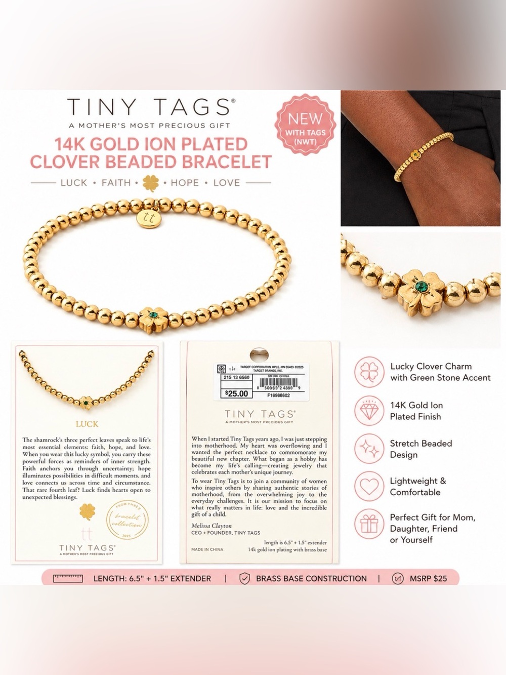 NWT Tiny Tags 14K Gold Ion Plated Clover Beaded Bracelet Lucky Charm Green Adj